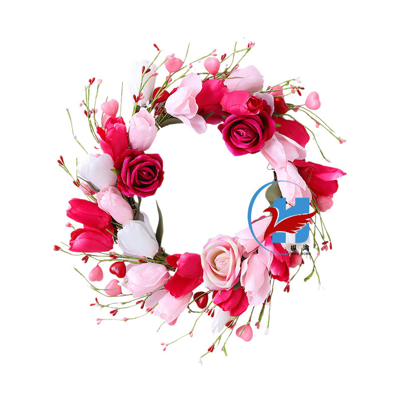 Ghirlandă de ușă din trandafiri și lalele artificiale — decor romantic pentru nunți de Ziua Îndrăgostiților