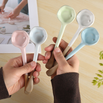 Lingură de amestec cafea, inspirată de macarons, lucrată manual, cu design ușor strâmb, mâner lung, ceramică, potrivită pentru desert și supă