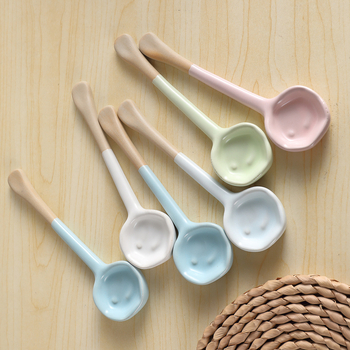 Lingură de amestec cafea, inspirată de macarons, lucrată manual, cu design ușor strâmb, mâner lung, ceramică, potrivită pentru desert și supă
