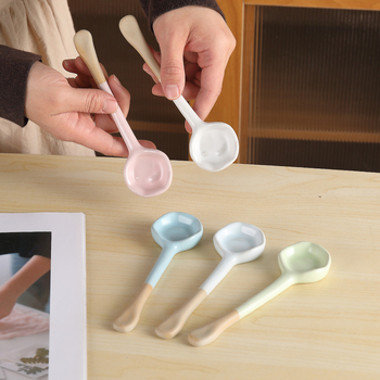 Lingură de amestec cafea, inspirată de macarons, lucrată manual, cu design ușor strâmb, mâner lung, ceramică, potrivită pentru desert și supă