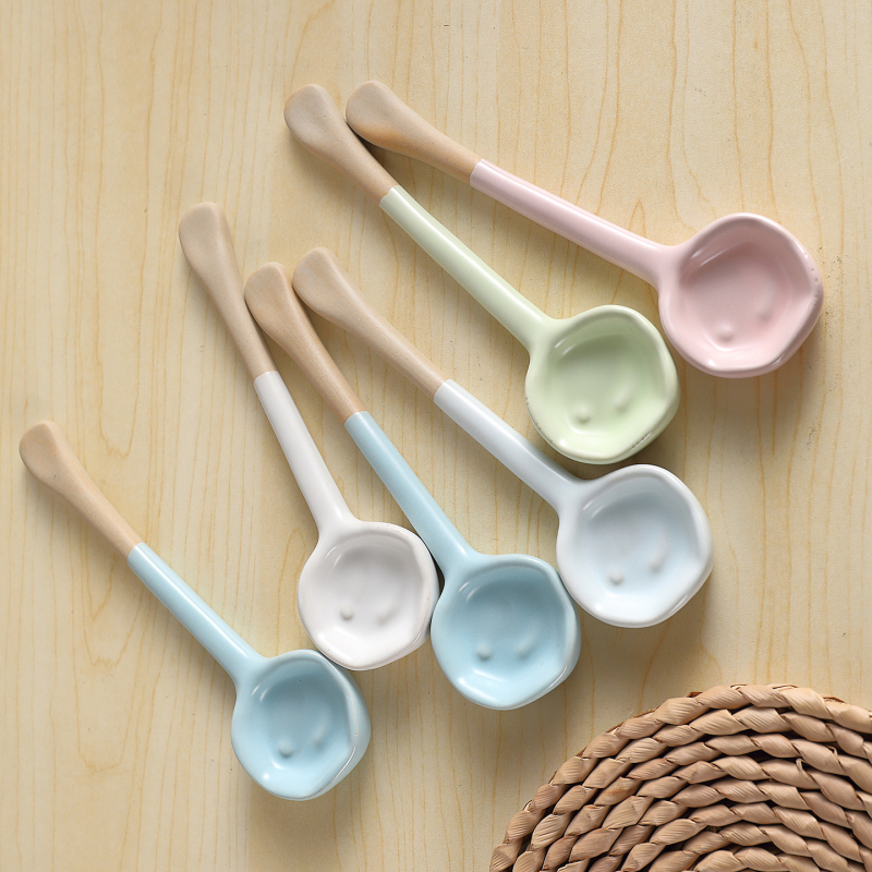 Lingură de amestec cafea, inspirată de macarons, lucrată manual, cu design ușor strâmb, mâner lung, ceramică, potrivită pentru desert și supă
