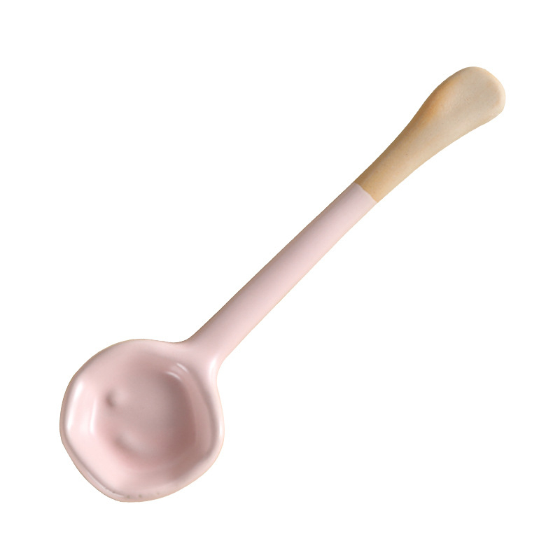 Lingură de amestec cafea, inspirată de macarons, lucrată manual, cu design ușor strâmb, mâner lung, ceramică, potrivită pentru desert și supă