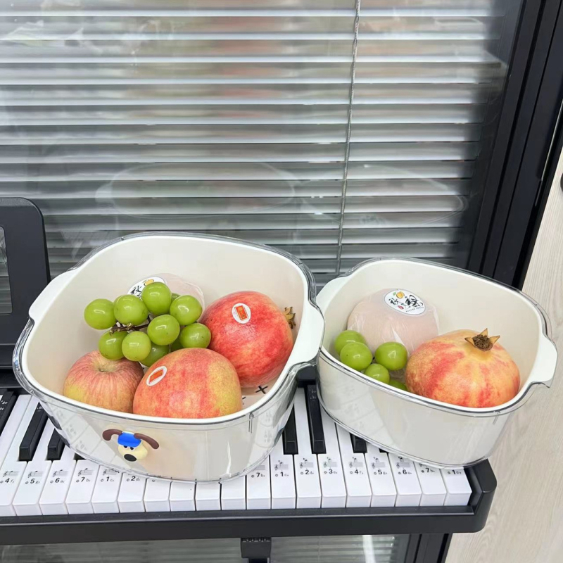 Coș dublu de scurgere crem, transparent, pentru spălarea fructelor și legumelor, utilizare casnică, tavă filtrantă îngroșată.