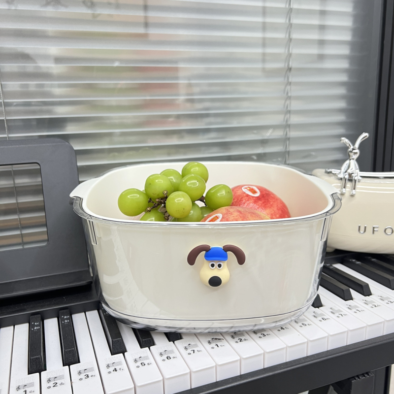 Coș dublu de scurgere crem, transparent, pentru spălarea fructelor și legumelor, utilizare casnică, tavă filtrantă îngroșată.