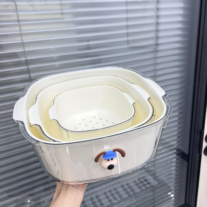 Coș dublu de scurgere crem, transparent, pentru spălarea fructelor și legumelor, utilizare casnică, tavă filtrantă îngroșată.