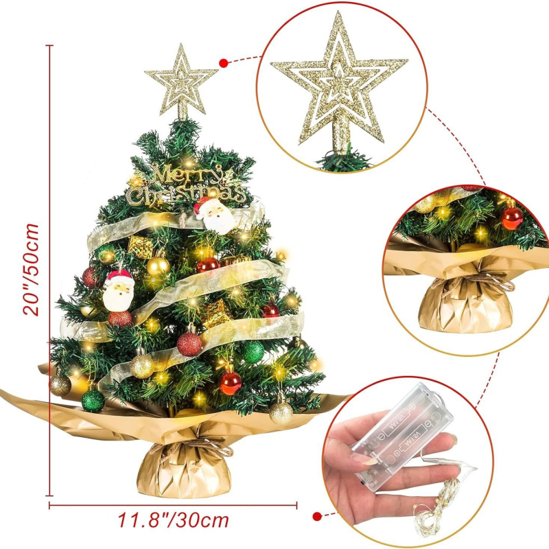 Set mini pom de Crăciun, alb-roz, 60 cm, decor de birou, PVC