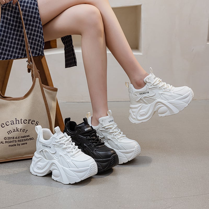 Női sportcipők dad shoes stílusban, 10 cm platform, 2026-os őszi modell, fehér, fűzőkkel és vastag talppal