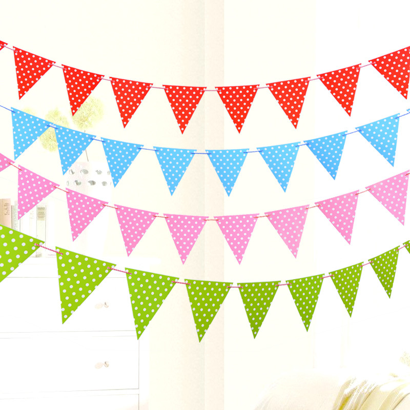 Fanioane triunghiulare din hârtie cu buline – banner pentru petrecere, decor pentru grădiniță