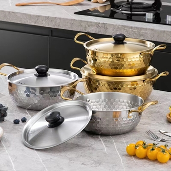 Oală din oțel inoxidabil pentru ramen, textură ciocănită aurie, oală mică de bucătărie, multifuncțională, cu capac și două mânere