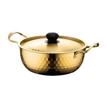 Oală din oțel inoxidabil pentru ramen, textură ciocănită aurie, oală mică de bucătărie, multifuncțională, cu capac și două mânere