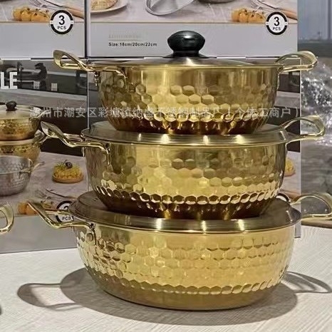 Oală din oțel inoxidabil pentru ramen, textură ciocănită aurie, oală mică de bucătărie, multifuncțională, cu capac și două mânere