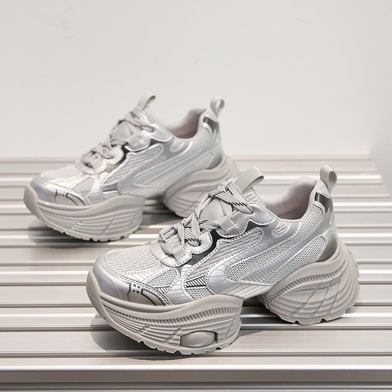 Női ezüst színű vastag talpú dad shoes – 2024-es modell, könnyű, mindennapi sportcipők