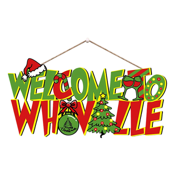 Semn de ușă din lemn cu Grinch, bine ați venit – decor de Crăciun pentru ușă, 38×19 cm