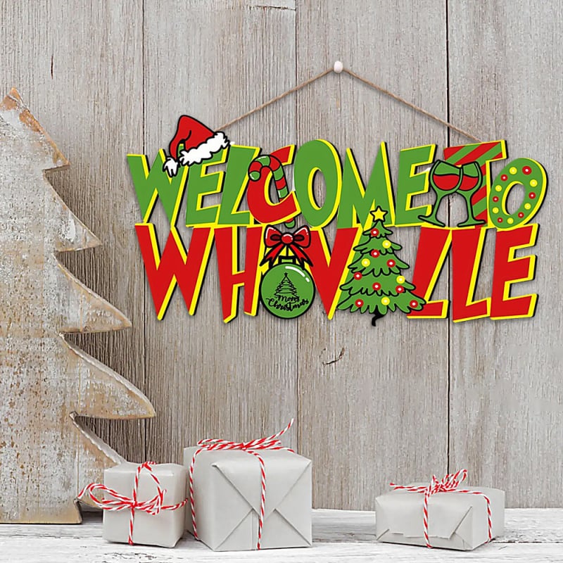 Semn de ușă din lemn cu Grinch, bine ați venit – decor de Crăciun pentru ușă, 38×19 cm
