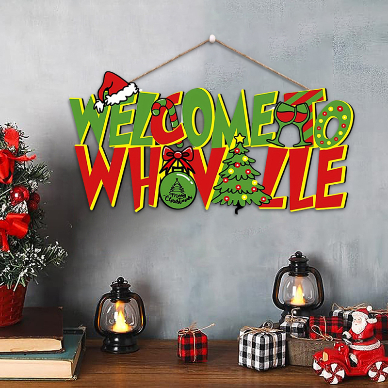 Semn de ușă din lemn cu Grinch, bine ați venit – decor de Crăciun pentru ușă, 38×19 cm