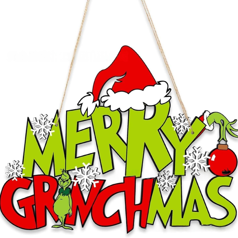 Semn de ușă din lemn cu Grinch, bine ați venit – decor de Crăciun pentru ușă, 38×19 cm