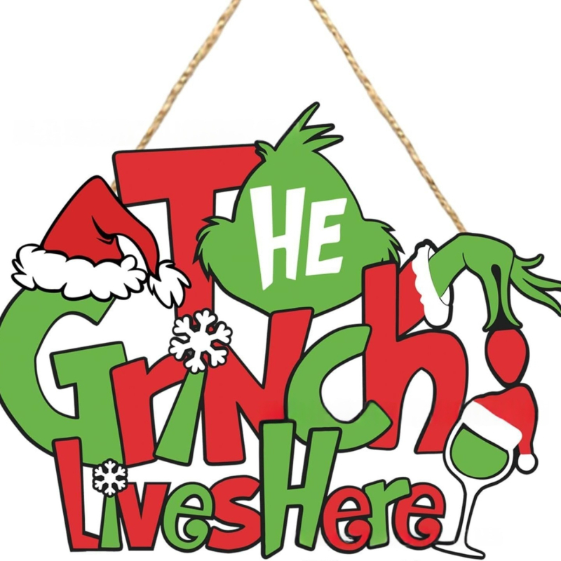 Semn de ușă din lemn cu Grinch, bine ați venit – decor de Crăciun pentru ușă, 38×19 cm