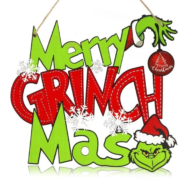 Semn de ușă din lemn cu Grinch, bine ați venit – decor de Crăciun pentru ușă, 38×19 cm