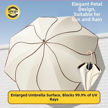 Umbrelă cu mâner din lemn curbat și design în formă de petale, cupă vinil, protecție UV UPF50+, pentru ploaie și soare, cadou promoțional