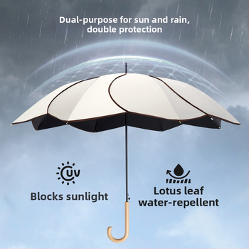 Umbrelă cu mâner din lemn curbat și design în formă de petale, cupă vinil, protecție UV UPF50+, pentru ploaie și soare, cadou promoțional