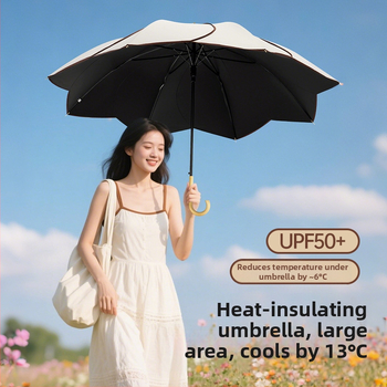Umbrelă cu mâner din lemn curbat și design în formă de petale, cupă vinil, protecție UV UPF50+, pentru ploaie și soare, cadou promoțional