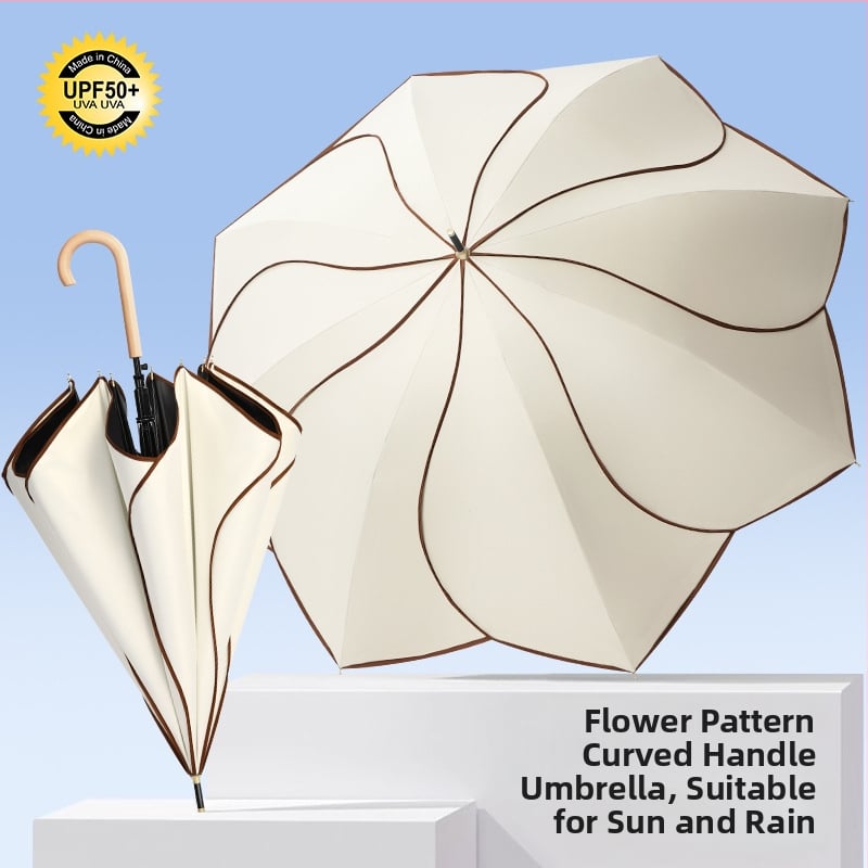 Umbrelă cu mâner din lemn curbat și design în formă de petale, cupă vinil, protecție UV UPF50+, pentru ploaie și soare, cadou promoțional