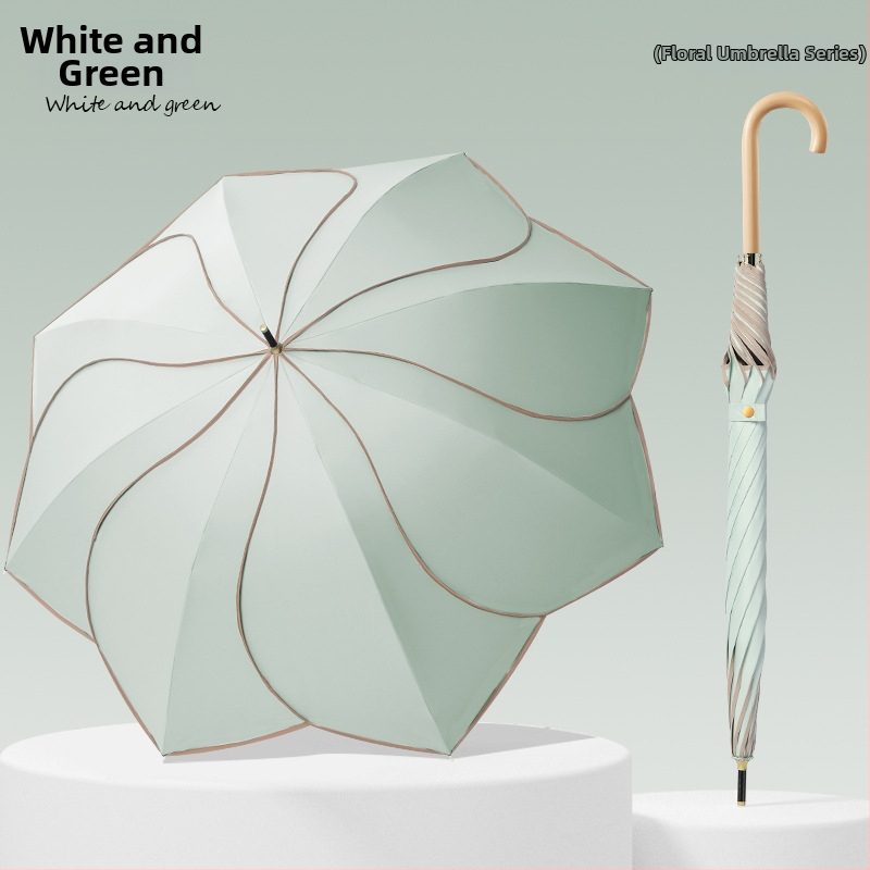 Umbrelă cu mâner din lemn curbat și design în formă de petale, cupă vinil, protecție UV UPF50+, pentru ploaie și soare, cadou promoțional