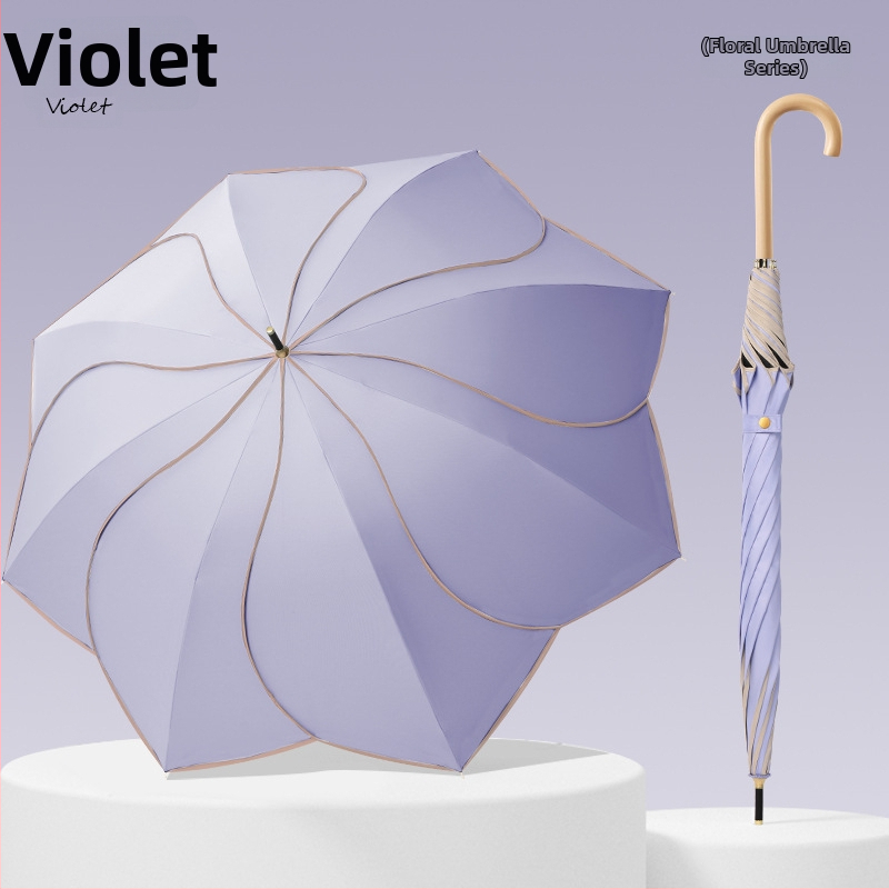 Umbrelă cu mâner din lemn curbat și design în formă de petale, cupă vinil, protecție UV UPF50+, pentru ploaie și soare, cadou promoțional