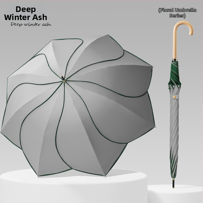 Umbrelă cu mâner din lemn curbat și design în formă de petale, cupă vinil, protecție UV UPF50+, pentru ploaie și soare, cadou promoțional