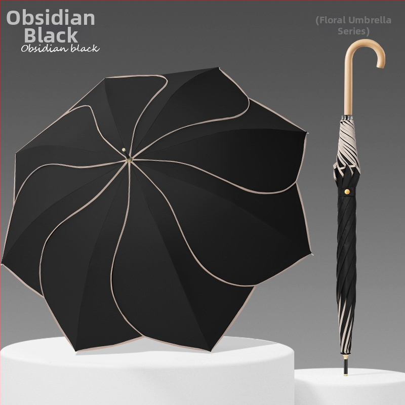 Umbrelă cu mâner din lemn curbat și design în formă de petale, cupă vinil, protecție UV UPF50+, pentru ploaie și soare, cadou promoțional