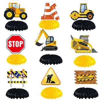 Set de stegulețe pentru petrecere cu vehicul de construcții și banner pentru masa de desert