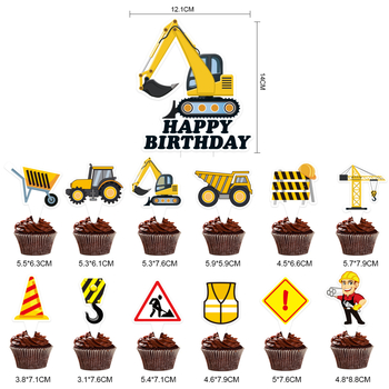 Set de stegulețe pentru petrecere cu vehicul de construcții și banner pentru masa de desert
