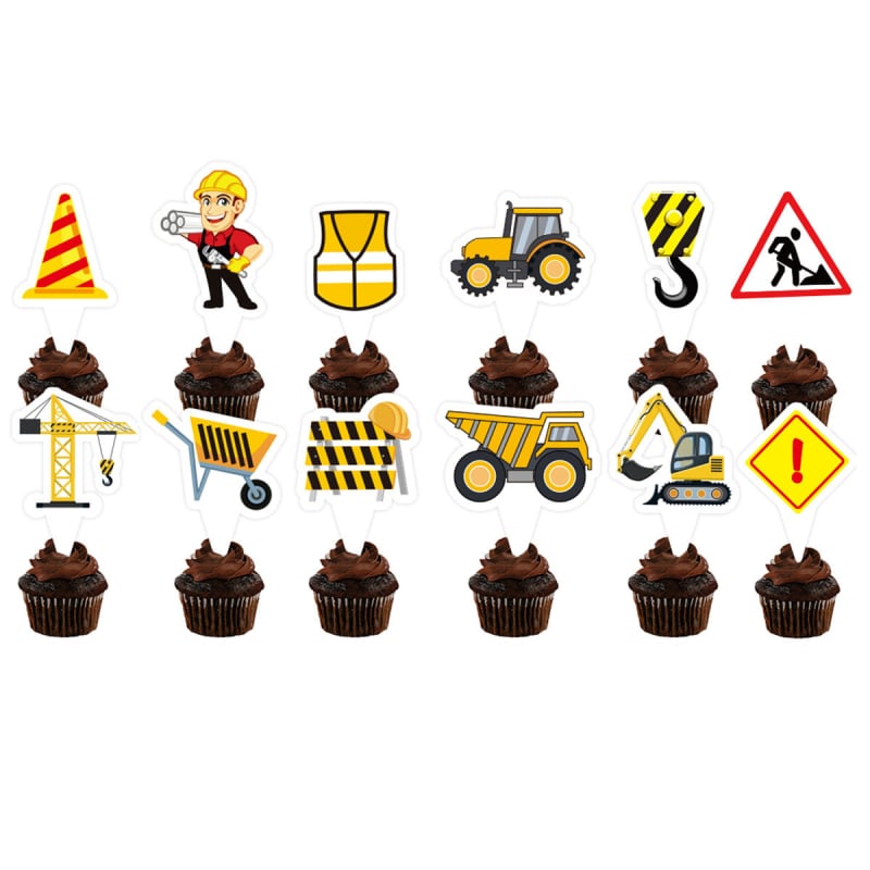 Set de stegulețe pentru petrecere cu vehicul de construcții și banner pentru masa de desert