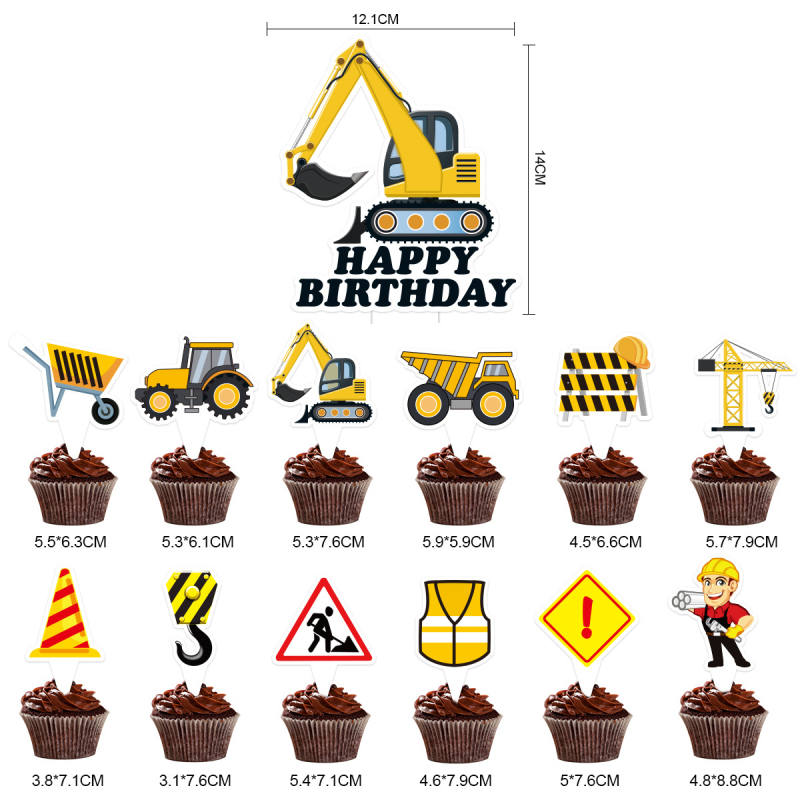 Set de stegulețe pentru petrecere cu vehicul de construcții și banner pentru masa de desert