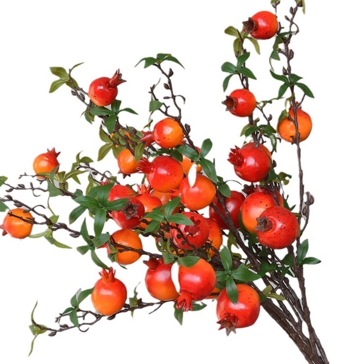 Fructe de rod artificiale, portocaliu-roșii, ciorchine cu 7 bucăți, ramură decorativă