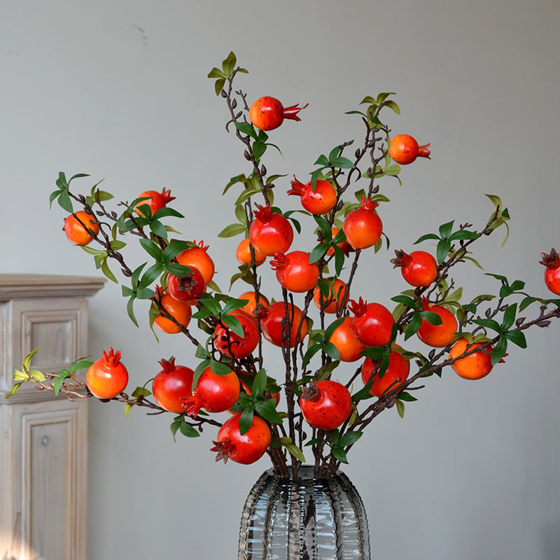Fructe de rod artificiale, portocaliu-roșii, ciorchine cu 7 bucăți, ramură decorativă