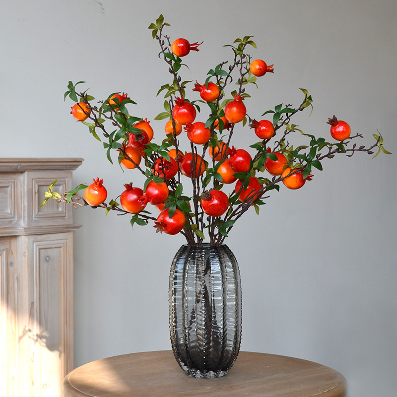 Fructe de rod artificiale, portocaliu-roșii, ciorchine cu 7 bucăți, ramură decorativă