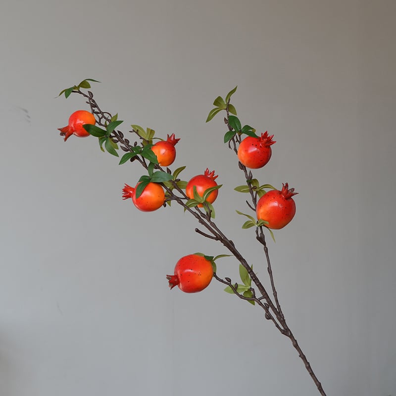 Fructe de rod artificiale, portocaliu-roșii, ciorchine cu 7 bucăți, ramură decorativă
