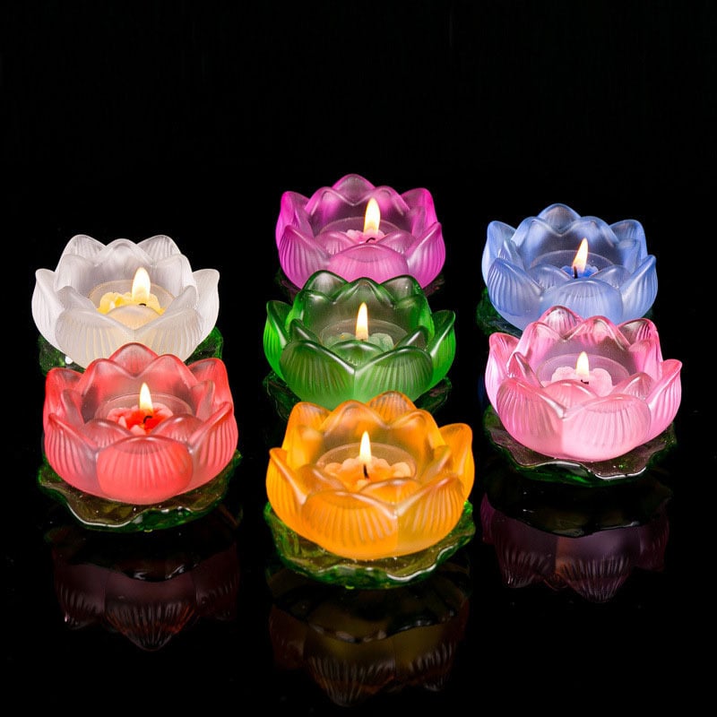 Suport din sticlă pentru lampă de unt cu bază în formă de frunză de lotus, colorat, pentru Guanyin