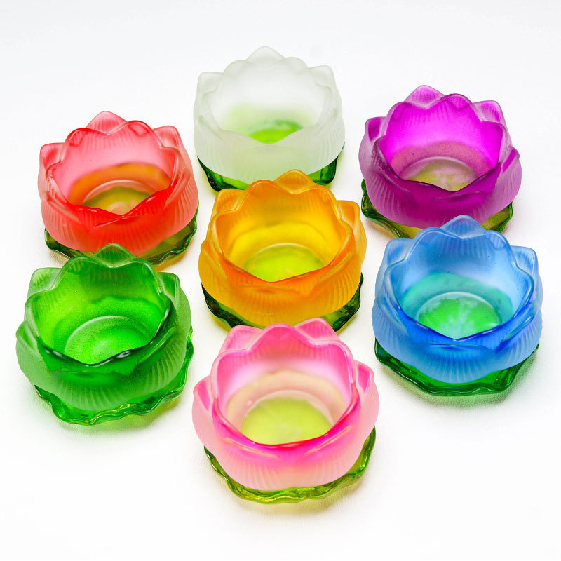 Suport din sticlă pentru lampă de unt cu bază în formă de frunză de lotus, colorat, pentru Guanyin