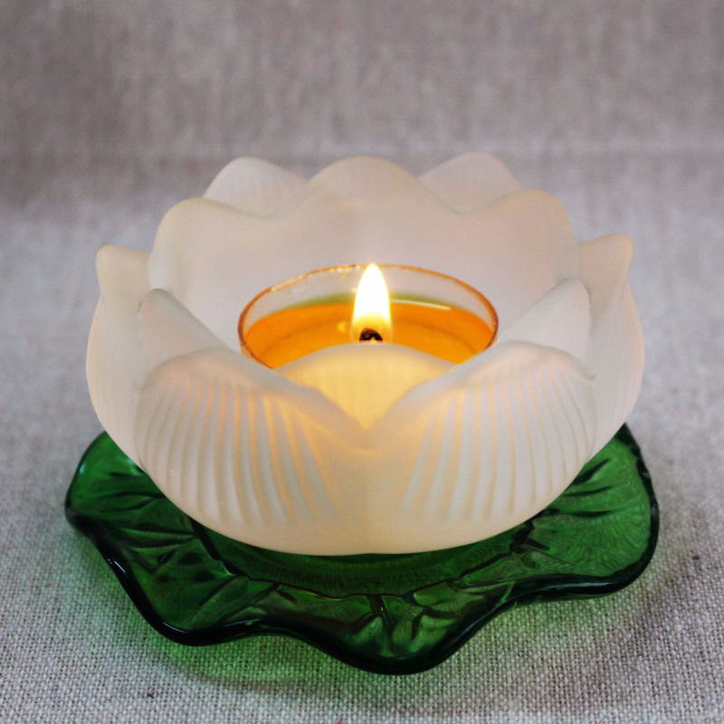 Suport din sticlă pentru lampă de unt cu bază în formă de frunză de lotus, colorat, pentru Guanyin