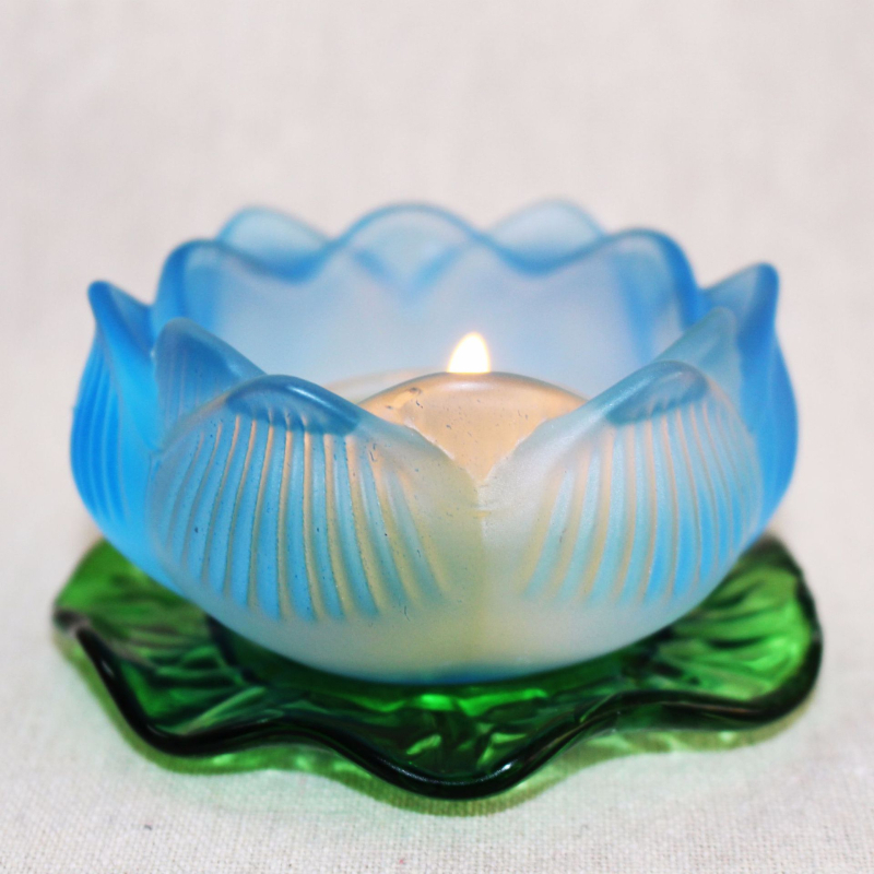 Suport din sticlă pentru lampă de unt cu bază în formă de frunză de lotus, colorat, pentru Guanyin