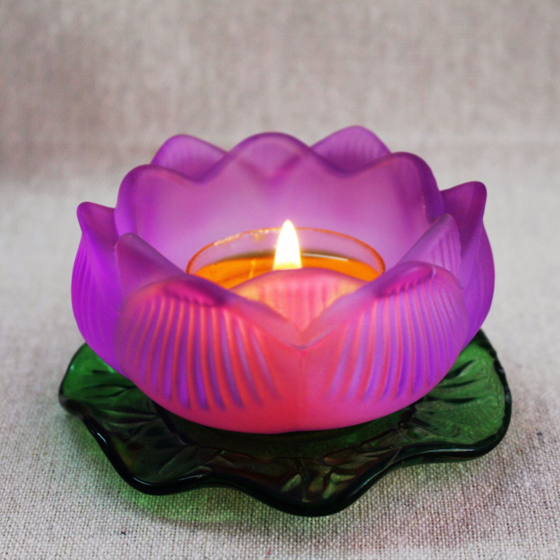 Suport din sticlă pentru lampă de unt cu bază în formă de frunză de lotus, colorat, pentru Guanyin