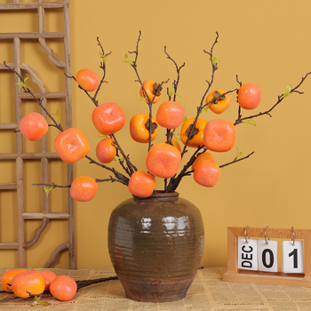 Ramură artificială cu persimmon înghețat, stil chinezesc nou, ramură cu trei capete de fructe de tip berry pentru decor acasă, decor de Anul Nou