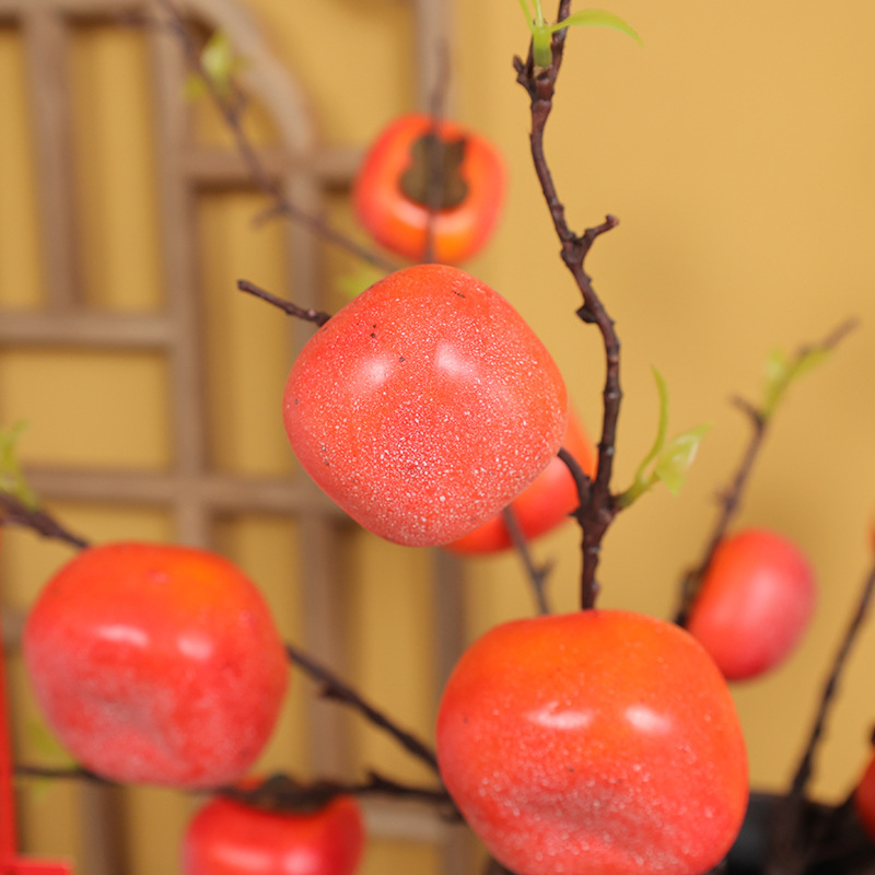 Ramură artificială cu persimmon înghețat, stil chinezesc nou, ramură cu trei capete de fructe de tip berry pentru decor acasă, decor de Anul Nou