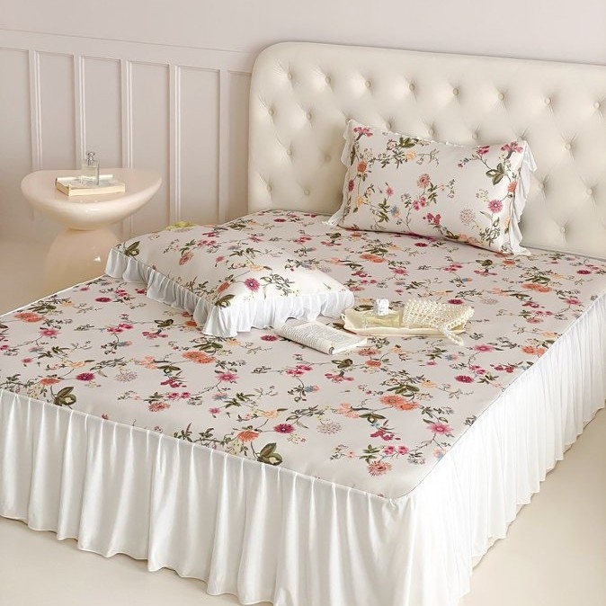 Set de pat trei piese, stil franțuzesc prințesă, material răcoros ice-silk, fustă de pat cu dantelă, clasă A matern/bebeluș