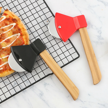 Tăietor de pizza cu mâner din bambus, lamă din oțel inoxidabil, stil topor