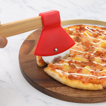 Tăietor de pizza cu mâner din bambus, lamă din oțel inoxidabil, stil topor