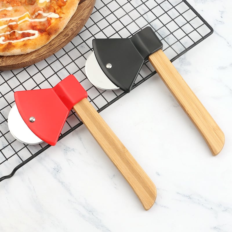 Tăietor de pizza cu mâner din bambus, lamă din oțel inoxidabil, stil topor