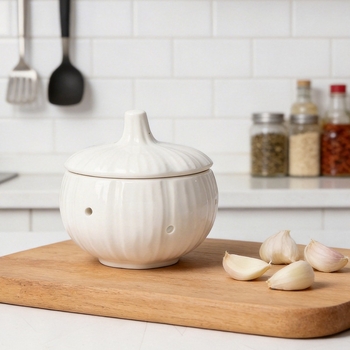 Vas ceramic pentru depozitare usturoi, recipient de bucătărie cu design creativ și capac, rezistent la umezeală